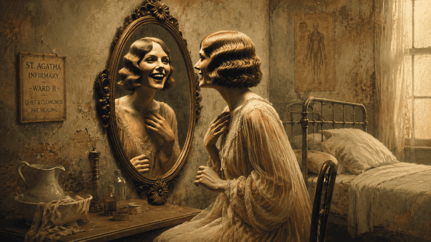 Smiling woman admires her reflection in an ornate mirror inside a softly lit early 20th-century hospital ward.