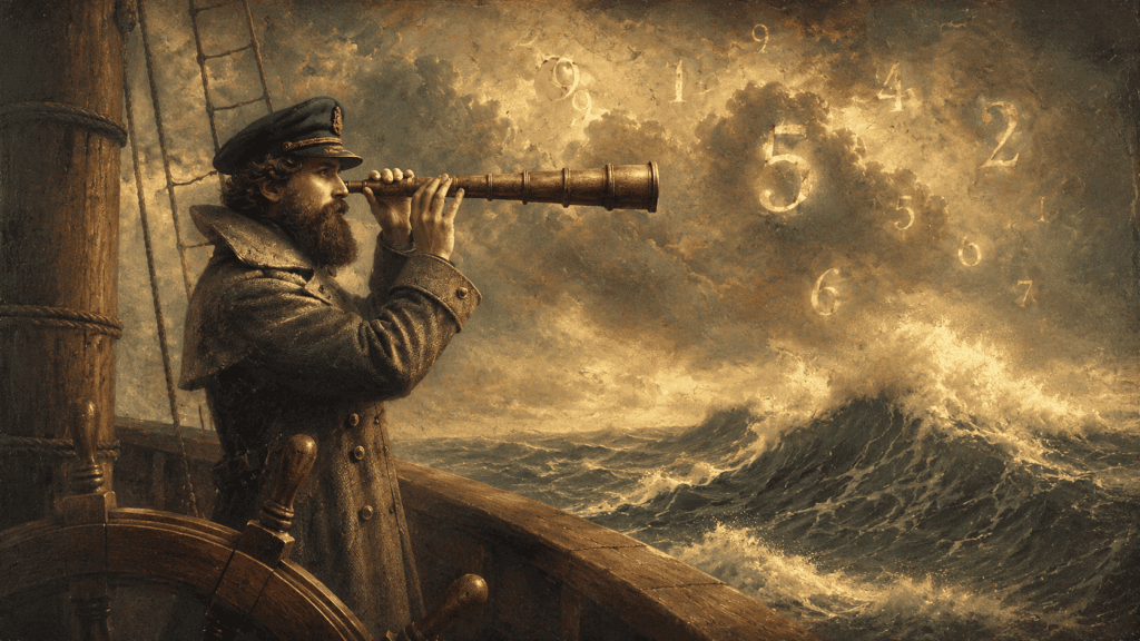 A bearded captain scans a stormy sea through a spyglass as glowing numbers drift among the clouds above the crashing waves.