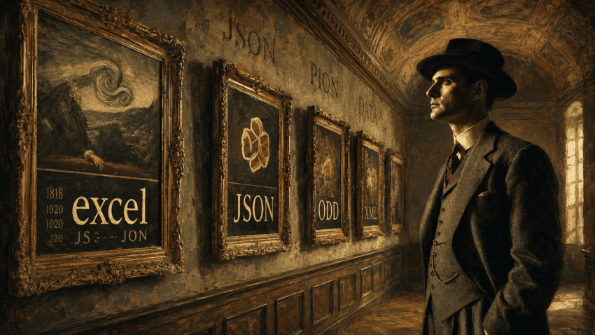A vintage-style illustration shows a well-dressed man in an early 20th-century hallway, standing in profile and studying a row of ornate framed images on the wall, including panels labeled “excel,” “JSON,” “ODD,” and “XML,” in a warm, sepia-toned gallery setting.