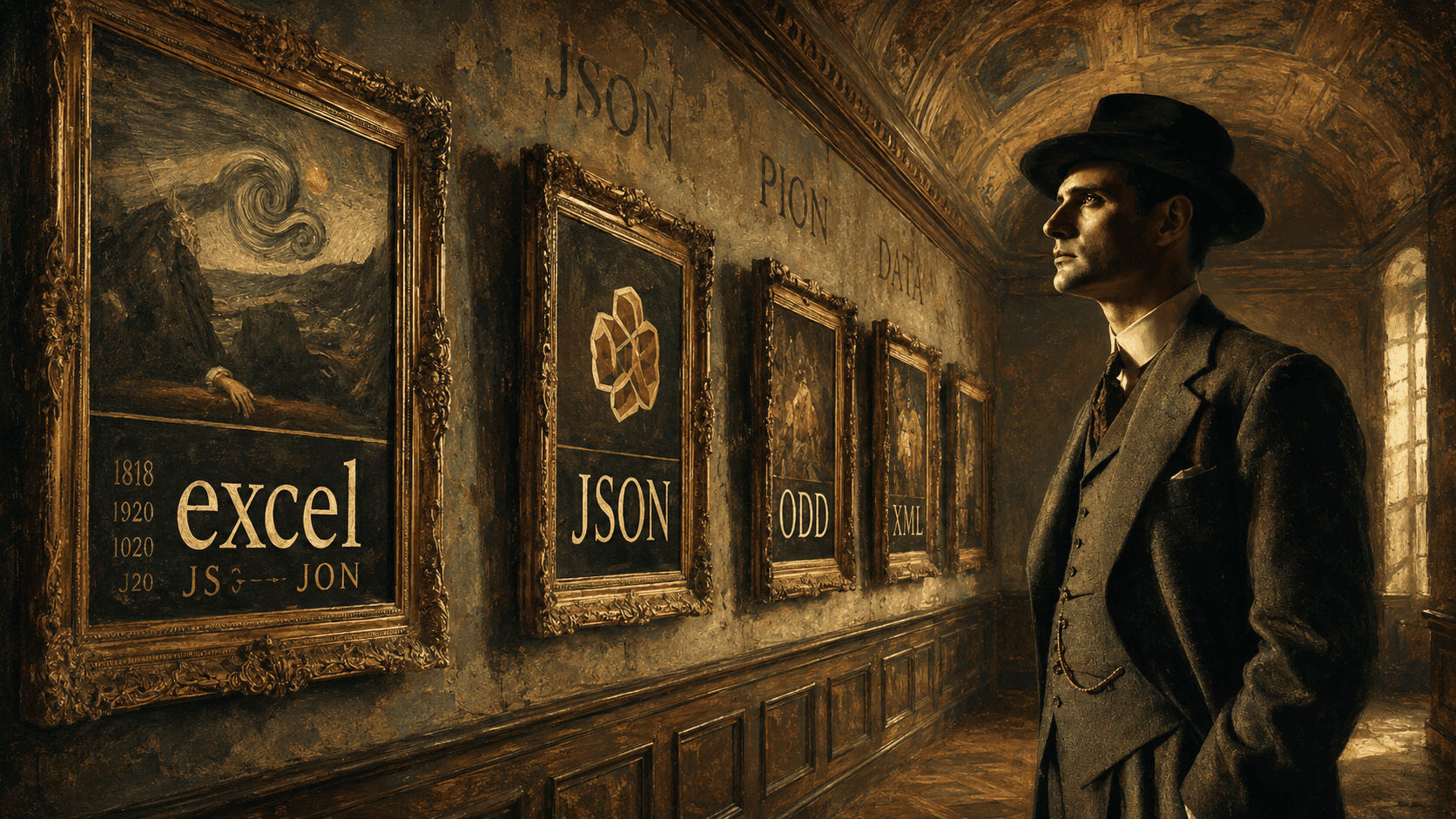 A vintage-style illustration shows a well-dressed man in an early 20th-century hallway, standing in profile and studying a row of ornate framed images on the wall, including panels labeled “excel,” “JSON,” “ODD,” and “XML,” in a warm, sepia-toned gallery setting.