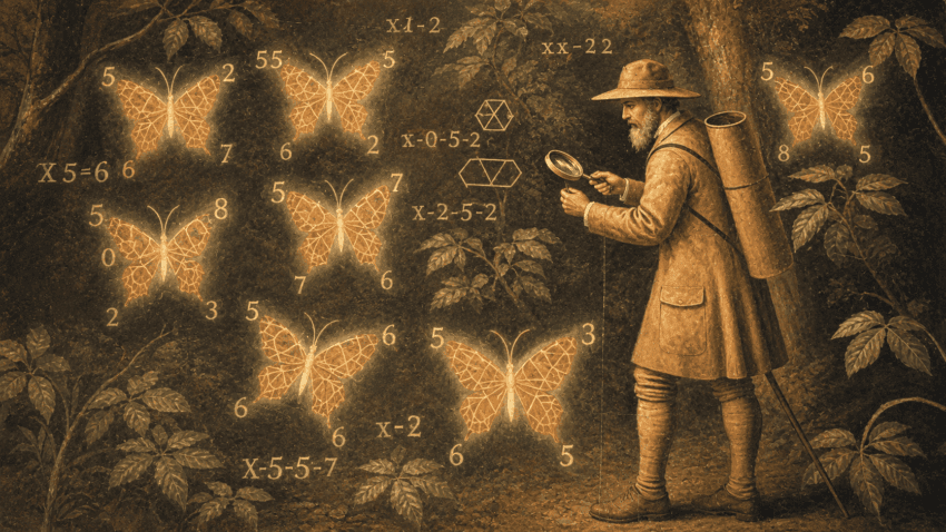 ustration shows a bearded naturalist in a forest, studying glowing orange butterflies with a magnifying glass while handwritten numbers, equations, and geometric diagrams float around them, creating the atmosphere of an old scientific study.