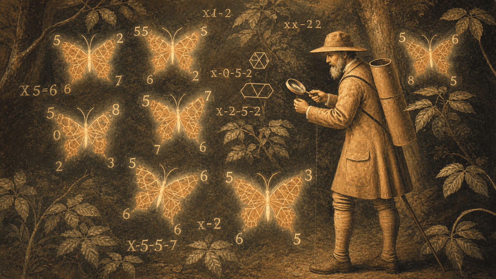 ustration shows a bearded naturalist in a forest, studying glowing orange butterflies with a magnifying glass while handwritten numbers, equations, and geometric diagrams float around them, creating the atmosphere of an old scientific study.