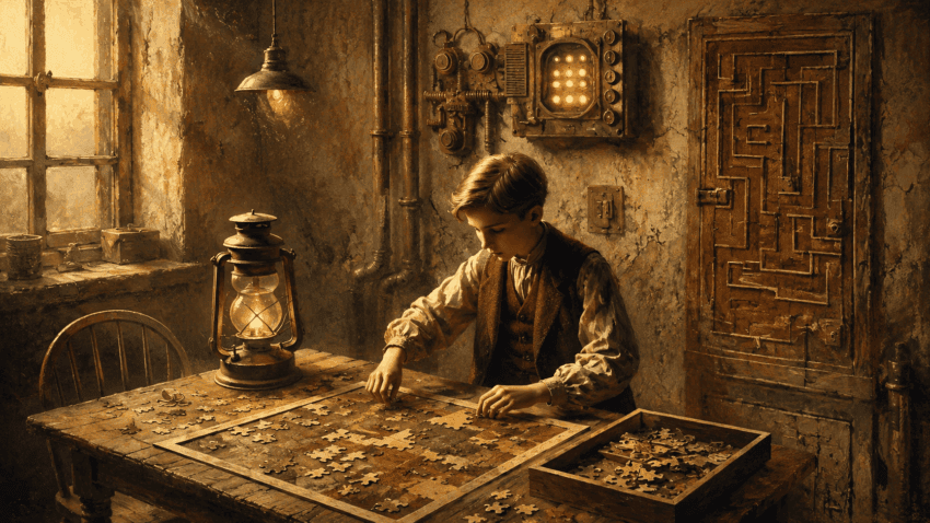 A young boy in period clothing assembles a jigsaw puzzle on a wooden table in a dim, rustic room lit by a lantern, with antique mechanical devices and a maze-like wooden panel on the wall.