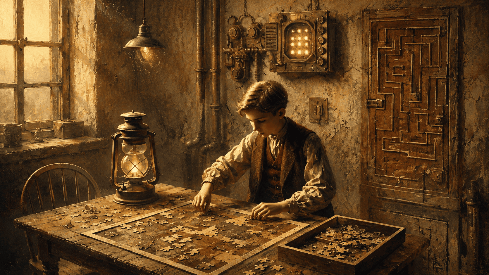 A young boy in period clothing assembles a jigsaw puzzle on a wooden table in a dim, rustic room lit by a lantern, with antique mechanical devices and a maze-like wooden panel on the wall.
