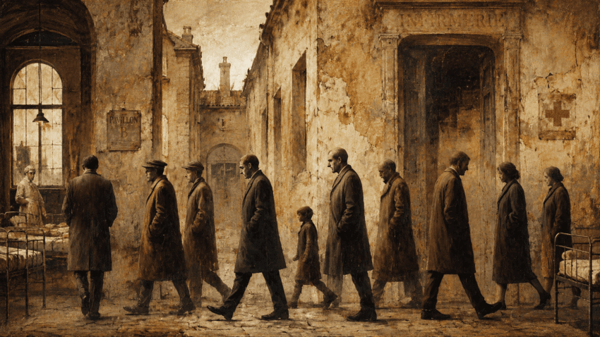 A line of somber adults and a child walks through a weathered early 20th-century infirmary courtyard, flanked by iron hospital beds and faded institutional walls.