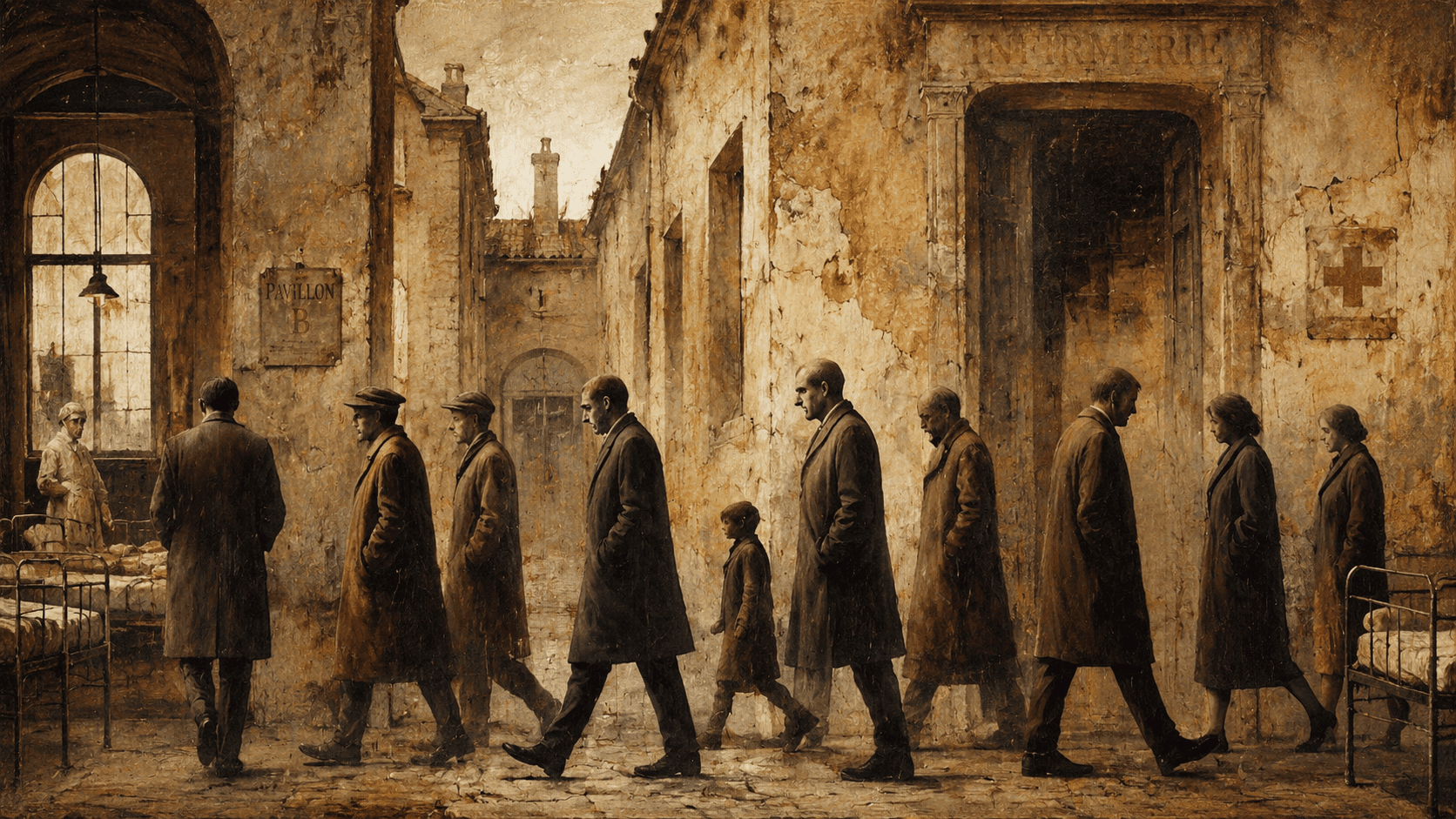 A line of somber adults and a child walks through a weathered early 20th-century infirmary courtyard, flanked by iron hospital beds and faded institutional walls.