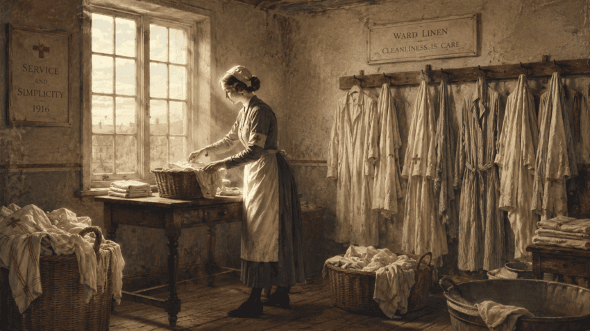 A nurse folds hospital linens in a sunlit early 20th-century laundry room, surrounded by wicker baskets, hanging garments, and worn plaster walls.