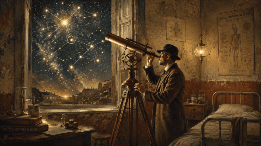 Man observes glowing constellations through a brass telescope in a dim early 20th-century hospital ward.