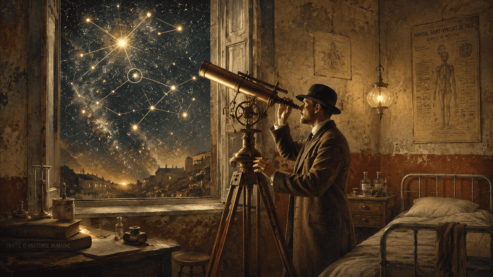 Man observes glowing constellations through a brass telescope in a dim early 20th-century hospital ward.