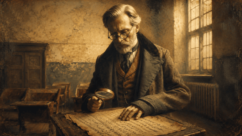 An elderly scholar in round glasses examines a weathered handwritten manuscript with a magnifying glass in a dim, early 20th-century classroom lit by warm window light.