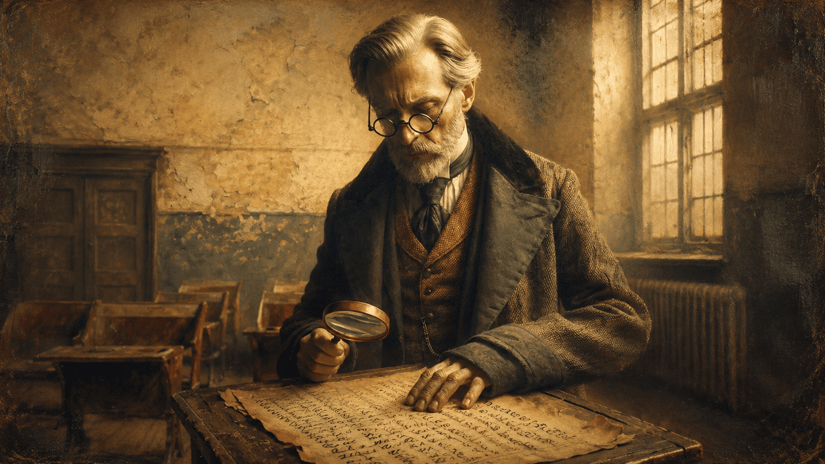 An elderly scholar in round glasses examines a weathered handwritten manuscript with a magnifying glass in a dim, early 20th-century classroom lit by warm window light.