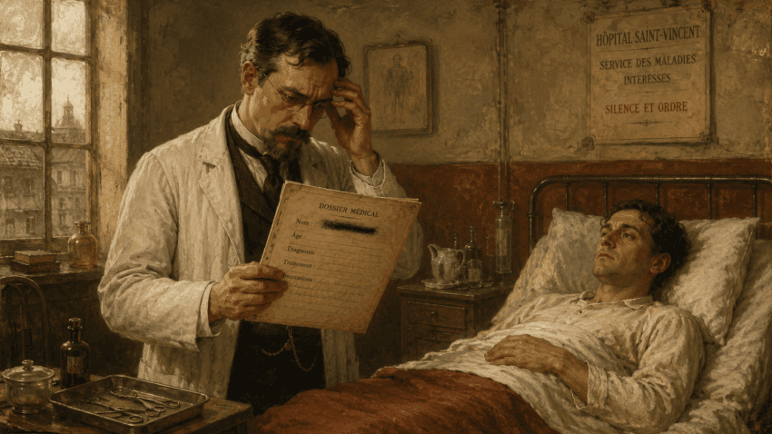 A puzzled early 20th-century doctor examines a medical chart with the patient’s name erased while the patient lies in a modest hospital ward.