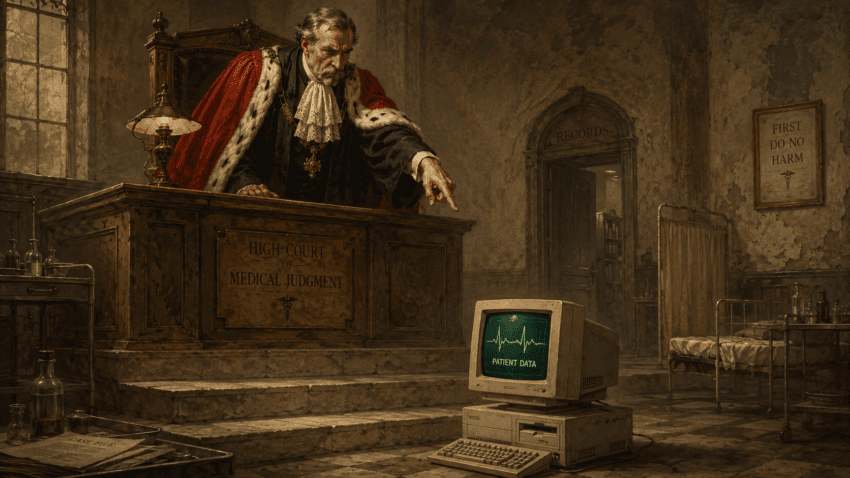 A stern judge points accusingly at an obsolete computer displaying patient data in a vintage hospital courtroom.