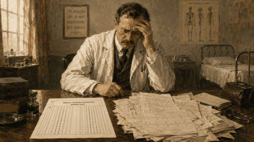 A distressed early 20th-century doctor sits at a wooden desk, comparing a perfectly completed optical answer sheet with a disordered medical chart covered in handwritten notes and clinical tracings.