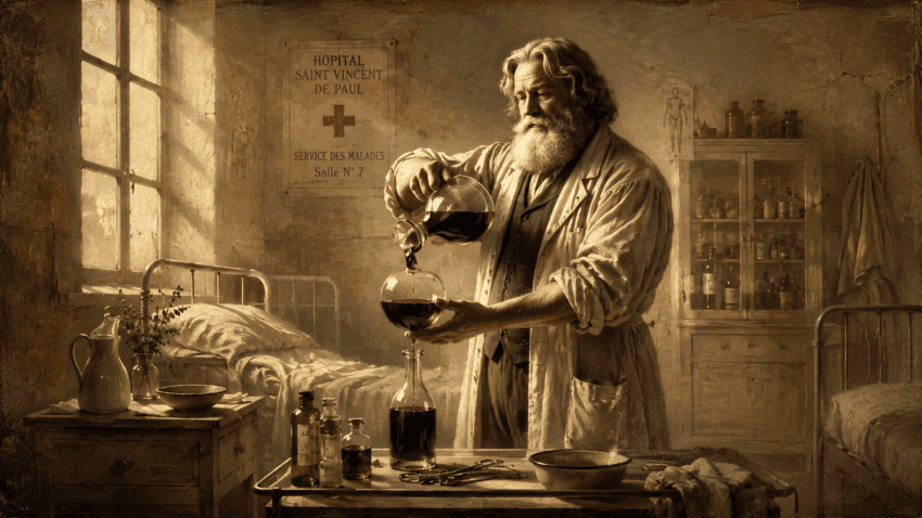 An elderly bearded physician in an early 20th-century hospital ward carefully pours a dark red medicinal liquid between glass vessels, surrounded by iron beds, antique bottles, and warm sunlight.