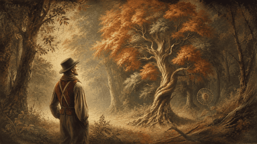 A man in early 20th-century rural clothing stands in an autumn forest, gazing at a large twisted tree illuminated by warm, diffused light.