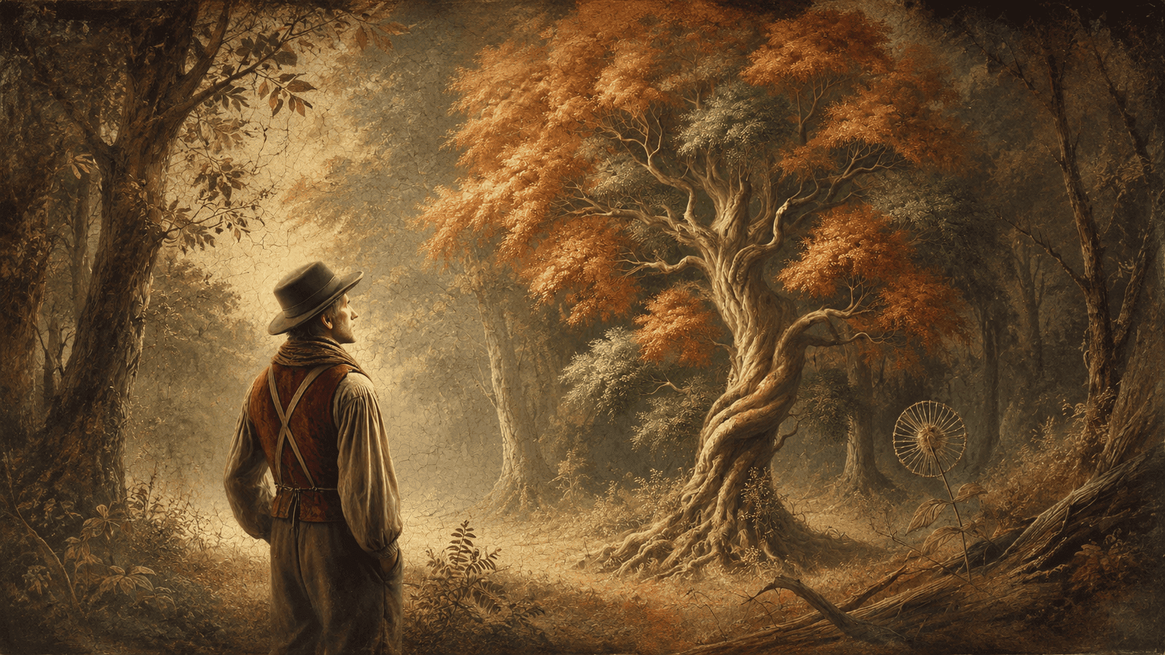 A man in early 20th-century rural clothing stands in an autumn forest, gazing at a large twisted tree illuminated by warm, diffused light.