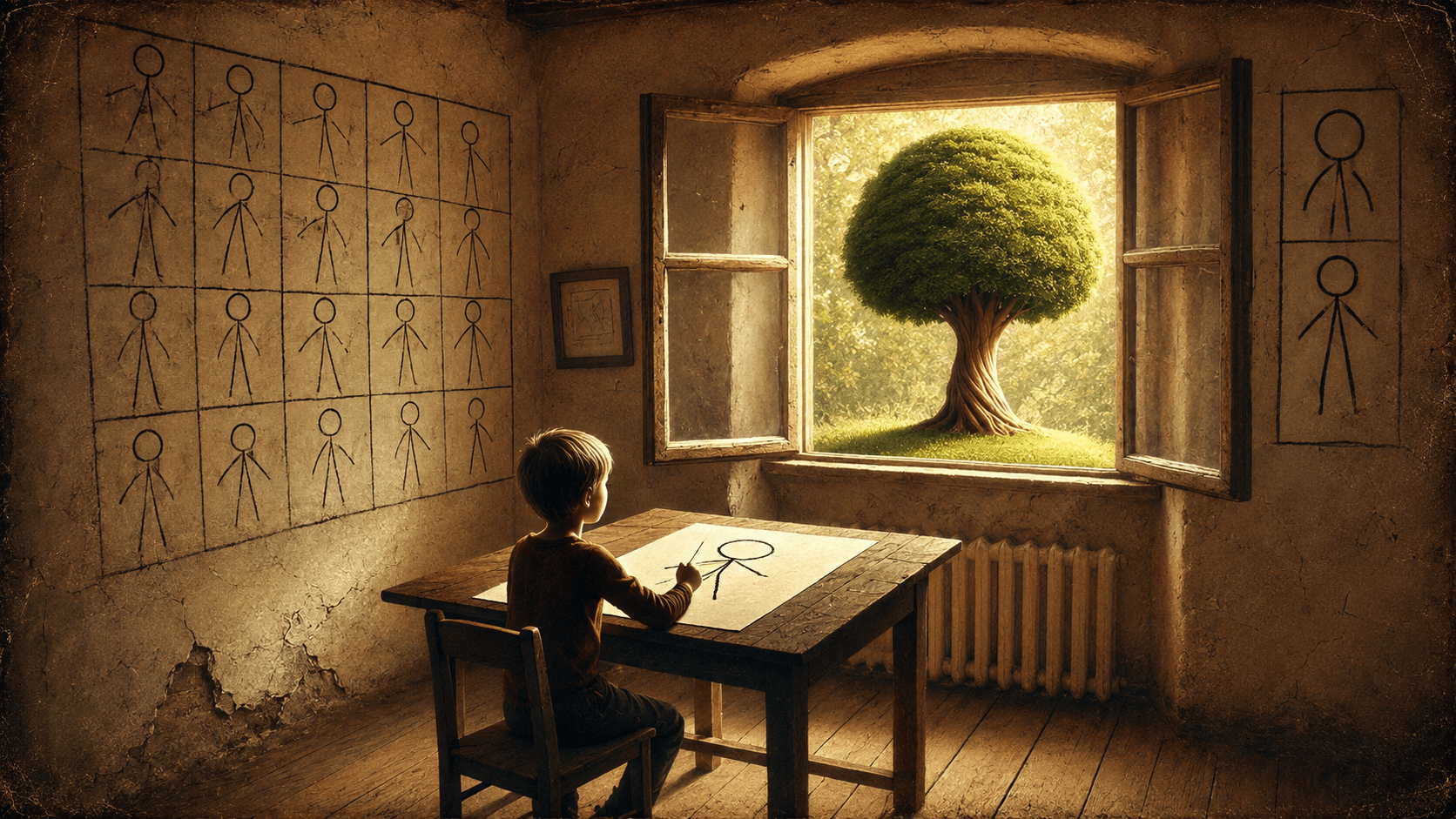 A child draws a simple human figure at a wooden table while looking toward a single luminous tree, symbolizing the reduction of complex information into a clear, essential representation.