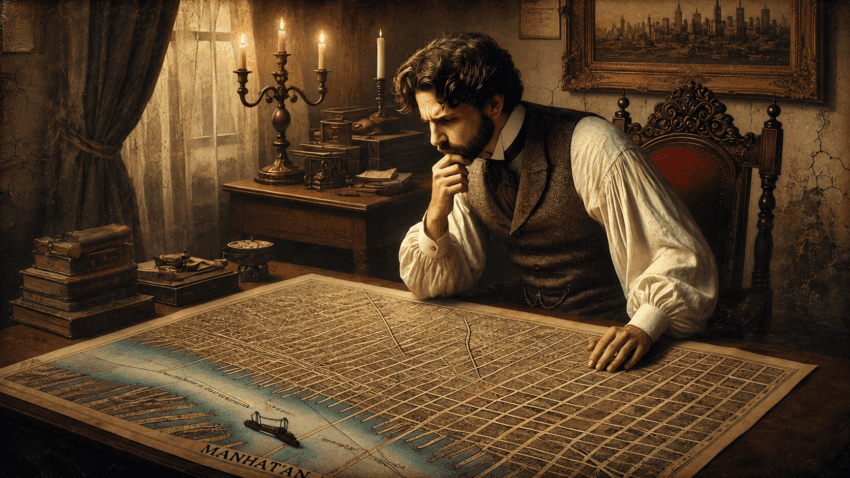 Bearded man in period clothing studying a large map of Manhattan in a candlelit historical study.