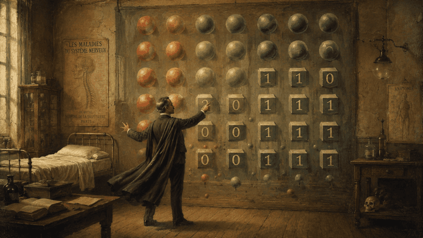 A physician-lecturer in an early 20th-century hospital teaching room gestures toward a wall of colored spheres and numbered blocks representing the transformation of data into binary code.