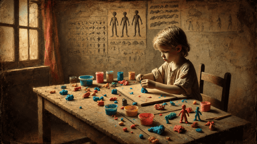 A young child in early 20th-century clothing shapes colorful modeling clay at a rustic wooden table, surrounded by handmade figures and faded anatomical drawings in a warmly lit vintage room.