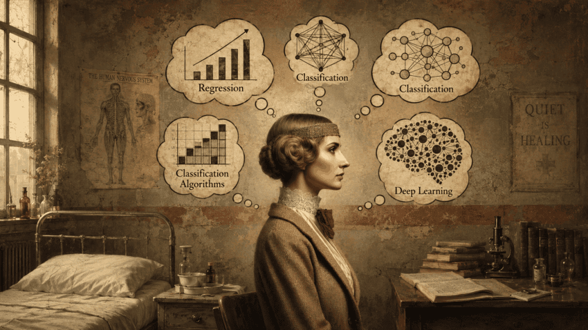 A young woman in early 20th-century attire reflects on machine-learning concepts, surrounded by illustrated thought bubbles showing regression, classification, algorithms, and deep learning in a vintage hospital study.