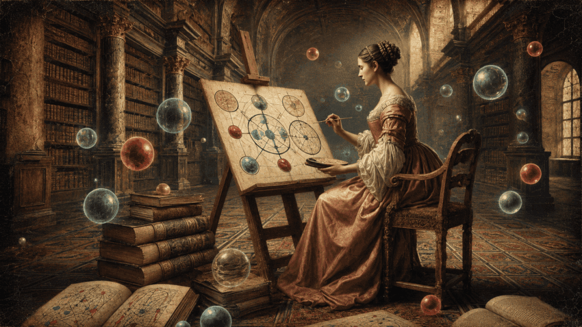 Young woman in period dress painting celestial diagrams in an ornate historic library, surrounded by antique books and floating luminous spheres.