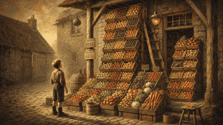 Young boy gazing at towering crates of fruit and vegetables outside a rustic village market in warm golden light.