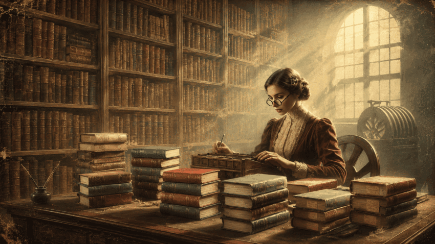 Young woman in early 20th-century dress cataloguing books at a wooden desk in a sunlit historic library, surrounded by stacks of leather-bound volumes.
