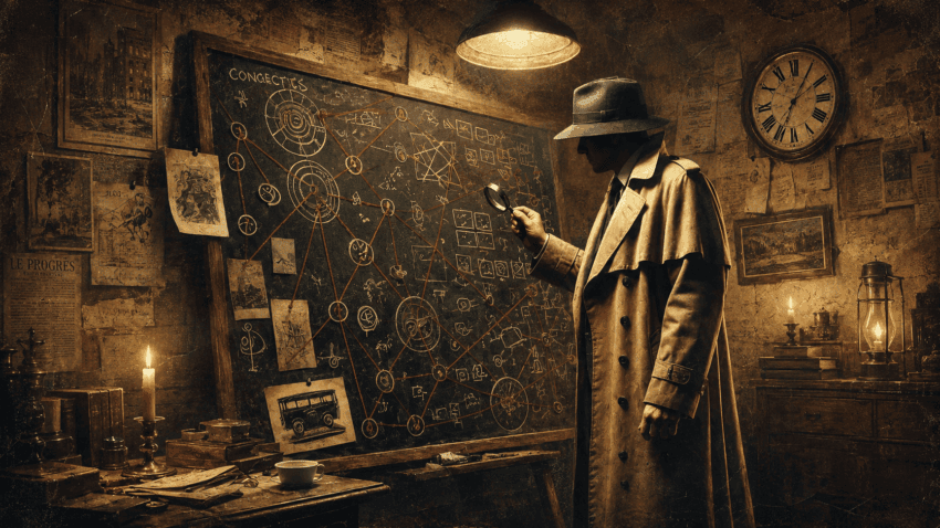 A vintage detective in a trench coat examines a chalkboard filled with interconnected clues, diagrams, and notes in a dimly lit early 20th-century study.