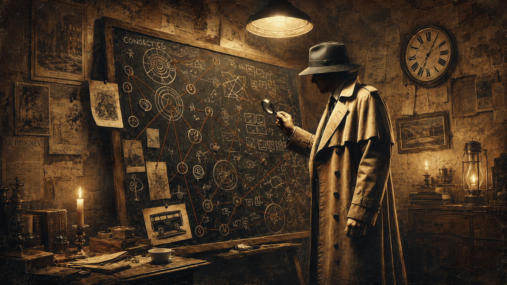 A vintage detective in a trench coat examines a chalkboard filled with interconnected clues, diagrams, and notes in a dimly lit early 20th-century study.