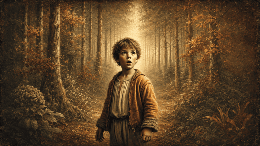 A young boy in rustic clothing stands in an autumn forest, gazing upward in wonder as warm golden light filters through the trees.