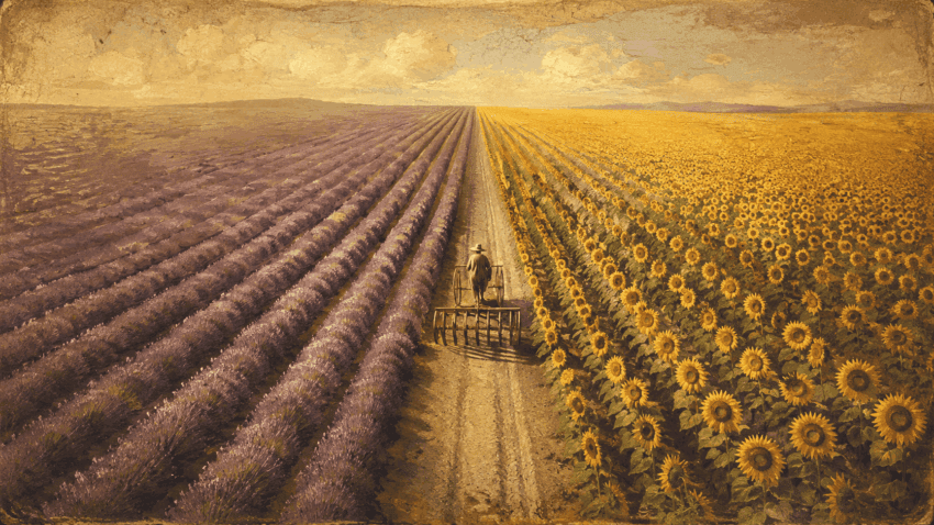 A lone farmer travels along a dirt path dividing rows of purple lavender and golden sunflowers beneath a warm, hazy sky.