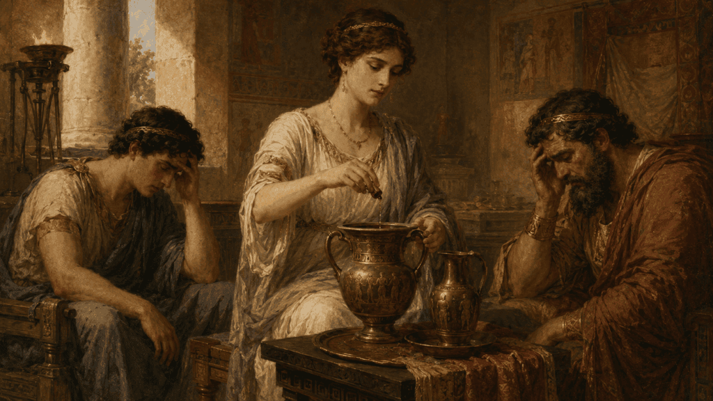 Helen mixes a mysterious calming substance into wine as the grieving Telemachus and Menelaus sit beside her in an ancient Greek palace, inspired by Book IV of Homer’s Odyssey.