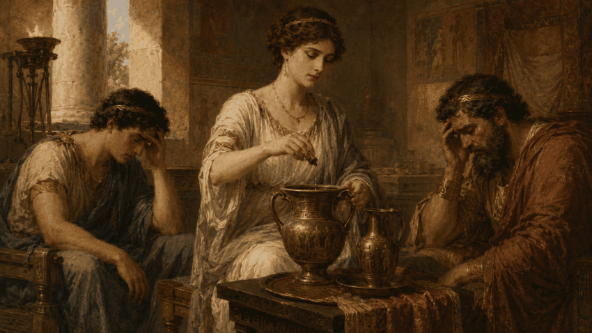 Helen mixes a mysterious calming substance into wine as the grieving Telemachus and Menelaus sit beside her in an ancient Greek palace, inspired by Book IV of Homer’s Odyssey.