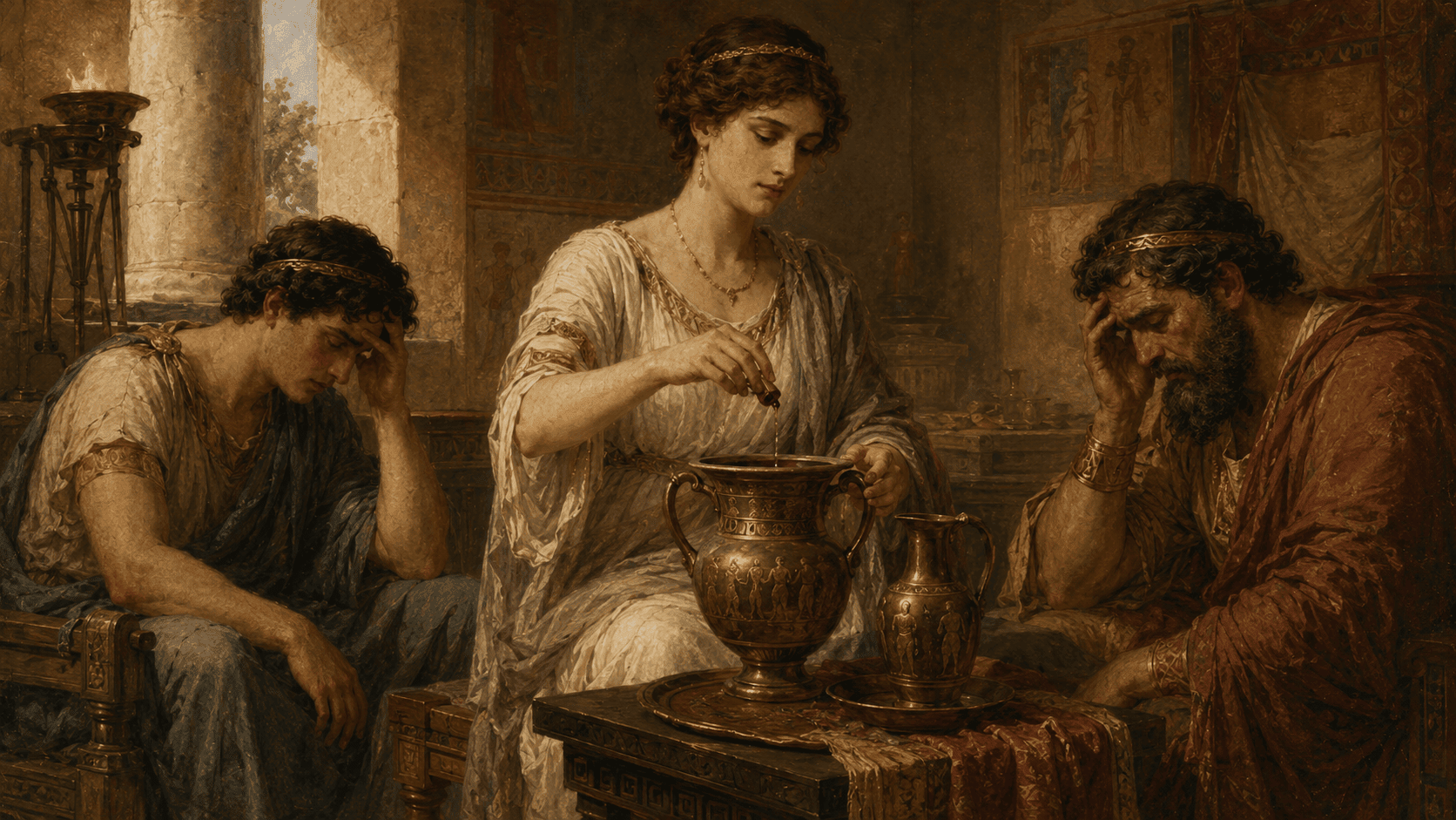 Helen mixes a mysterious calming substance into wine as the grieving Telemachus and Menelaus sit beside her in an ancient Greek palace, inspired by Book IV of Homer’s Odyssey.