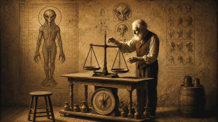 An elderly scholar carefully adjusts a balance scale in a rustic study, surrounded by anatomical sketches of alien-like figures and antique measuring instruments.