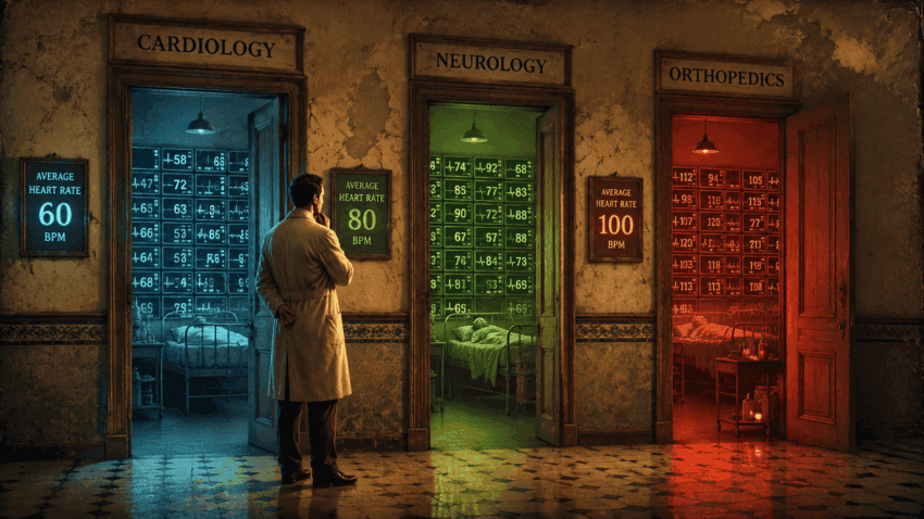 A doctor stands in a vintage hospital corridor facing three open wards—Cardiology, Neurology, and Orthopedics—illuminated in blue, green, and red to represent average heart rates of 60, 80, and 100 bpm.