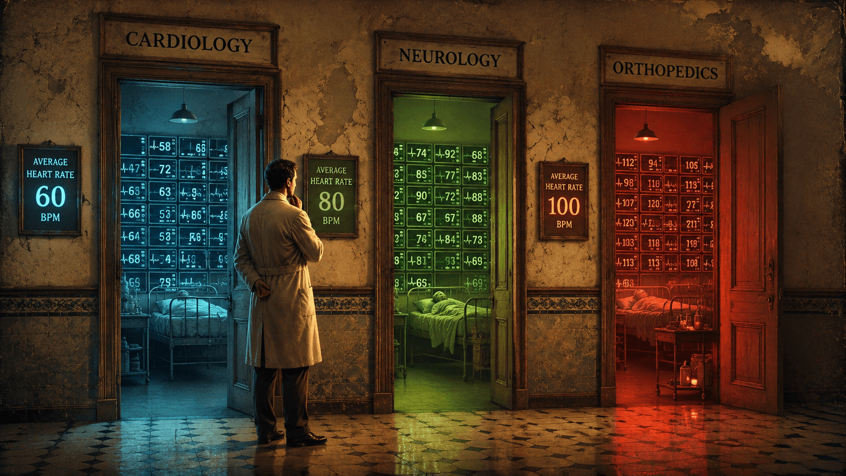A doctor stands in a vintage hospital corridor facing three open wards—Cardiology, Neurology, and Orthopedics—illuminated in blue, green, and red to represent average heart rates of 60, 80, and 100 bpm.