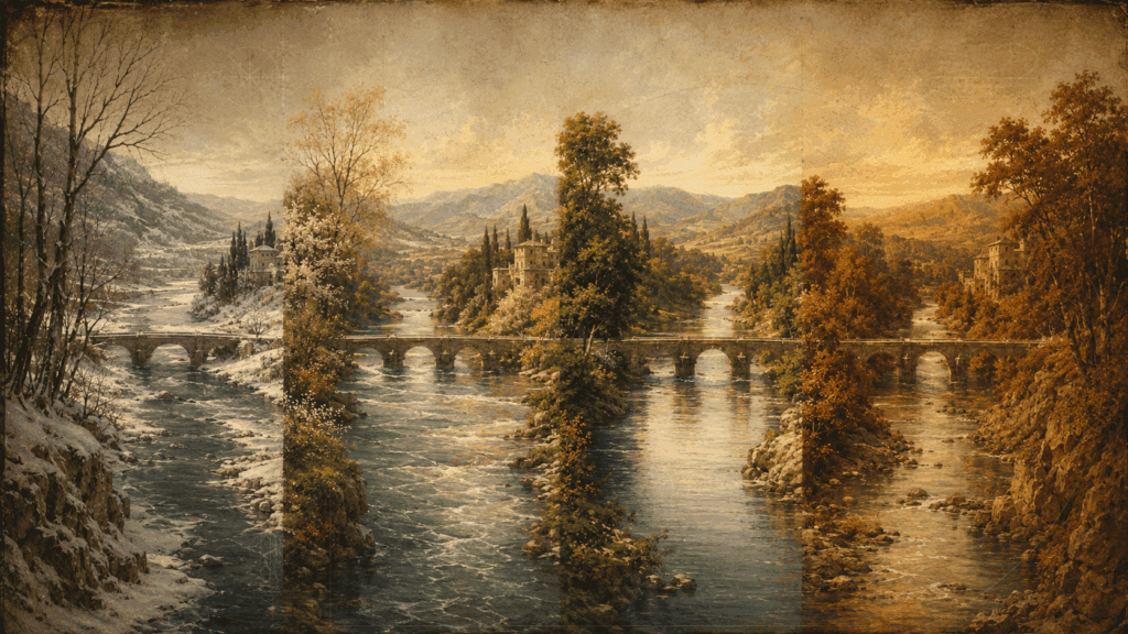 A river viewed from the same vantage point across four seasons, with stone bridges, changing water levels, and a historical painterly landscape.