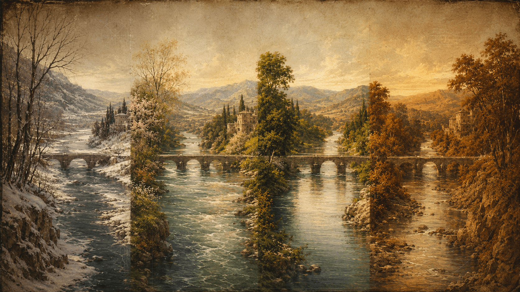 A river viewed from the same vantage point across four seasons, with stone bridges, changing water levels, and a historical painterly landscape.