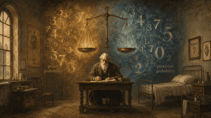 An elderly scholar writes at a wooden desk in an early 20th-century hospital ward, beneath a large balance scale dividing glowing prior probability from cooler posterior probability, surrounded by numbers and equations.