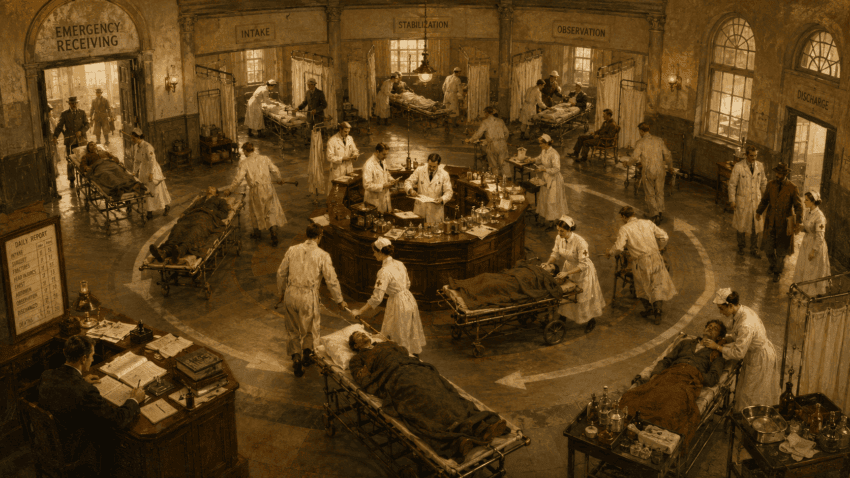 Early 20th-century emergency ward with doctors and nurses caring for patients on stretchers arranged in a circular flow between receiving, stabilization, observation, and discharge.