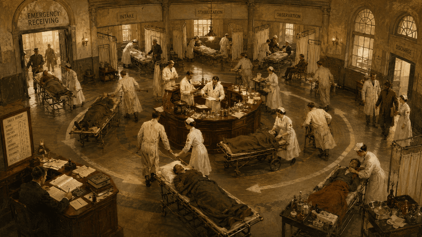 Early 20th-century emergency ward with doctors and nurses caring for patients on stretchers arranged in a circular flow between receiving, stabilization, observation, and discharge.