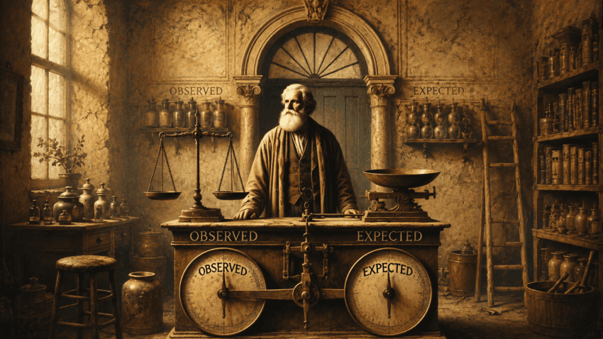 An elderly scholar stands behind antique scales comparing “observed” and “expected” values in a softly lit historical apothecary.