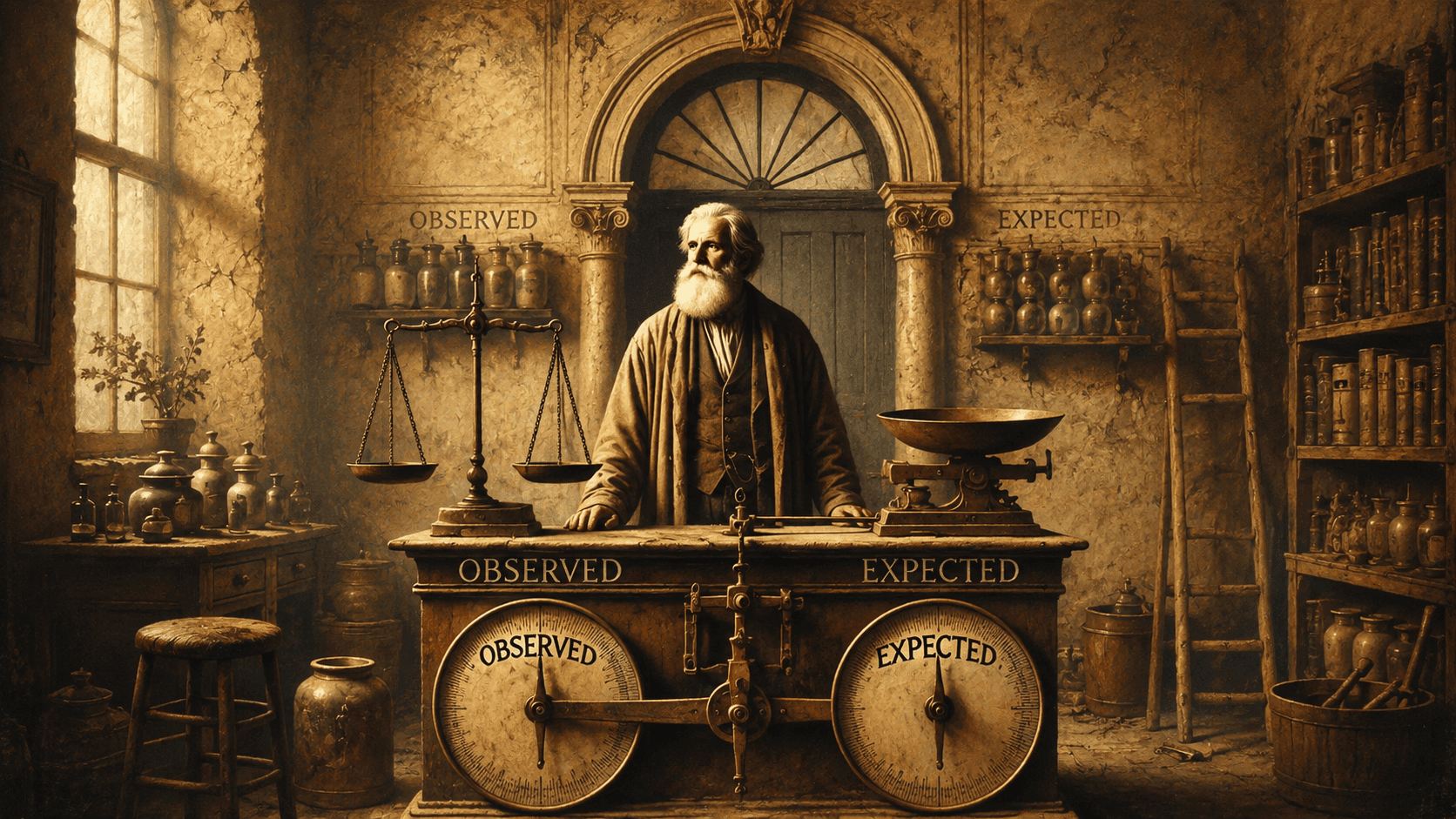 An elderly scholar stands behind antique scales comparing “observed” and “expected” values in a softly lit historical apothecary.