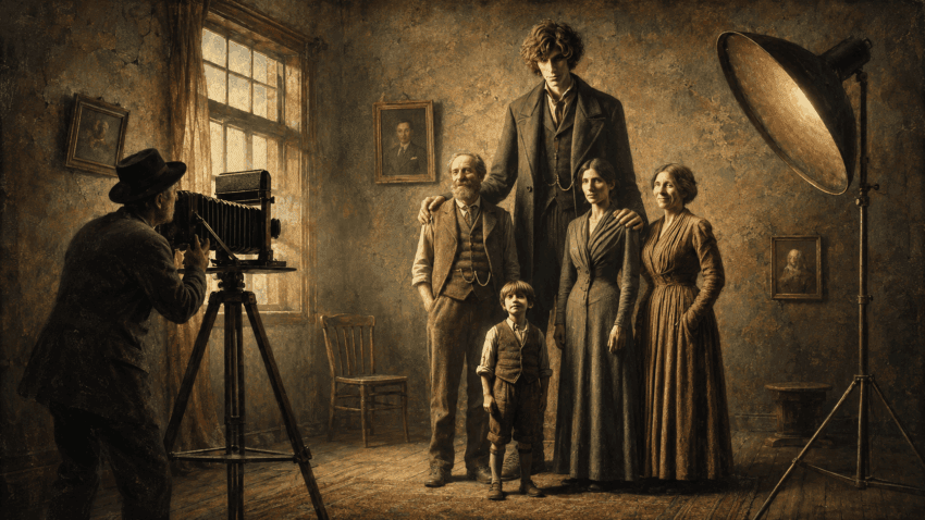 A family poses for an early 20th-century portrait as a photographer operates a large bellows camera in a dim, timeworn studio.