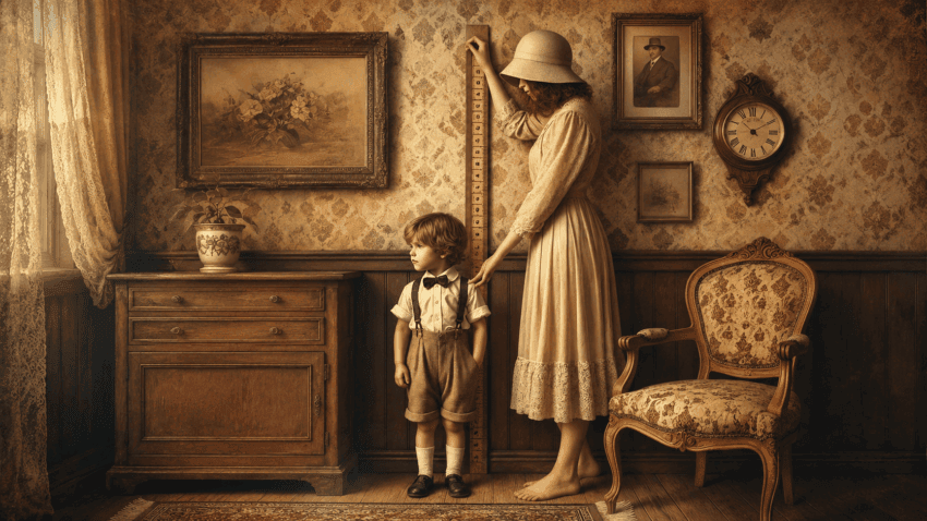 A woman in early 20th-century clothing measures a young boy’s height in a warmly lit vintage room with antique furniture, framed pictures, and a wall clock.