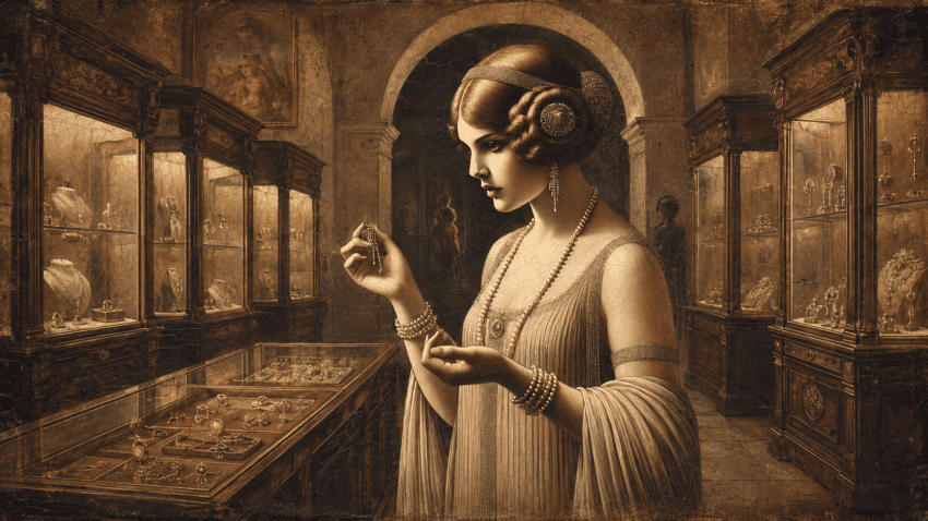 An elegant 1920s woman examines a piece of jewelry in a warmly lit antique showroom lined with ornate wooden display cases.