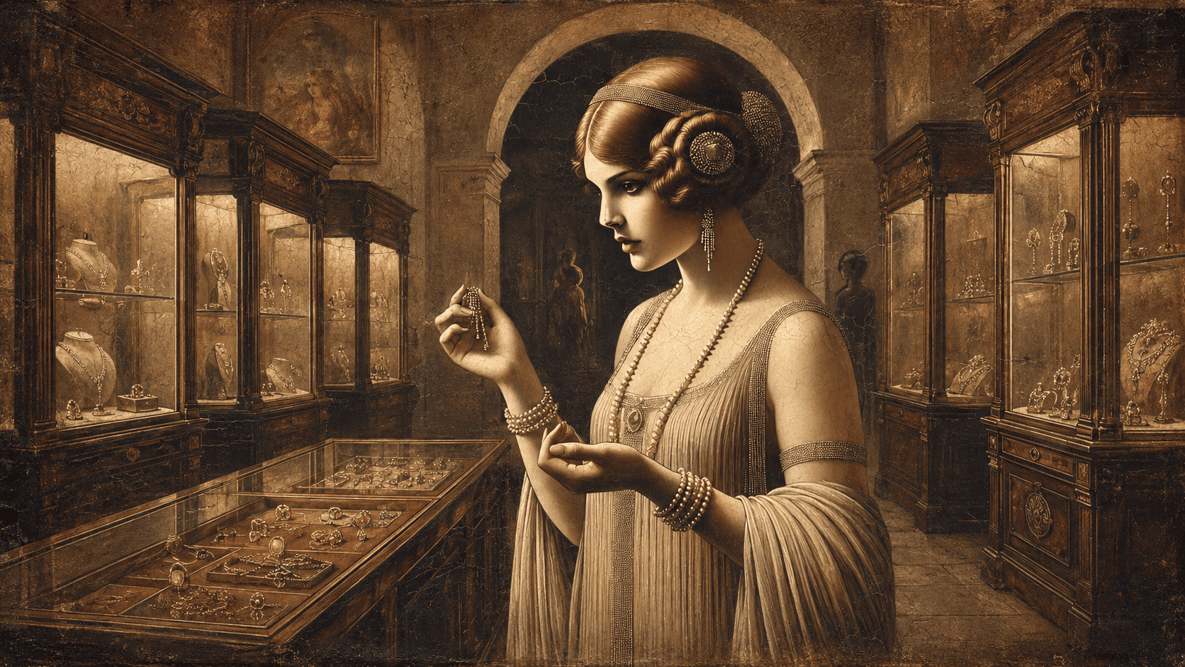 An elegant 1920s woman examines a piece of jewelry in a warmly lit antique showroom lined with ornate wooden display cases.